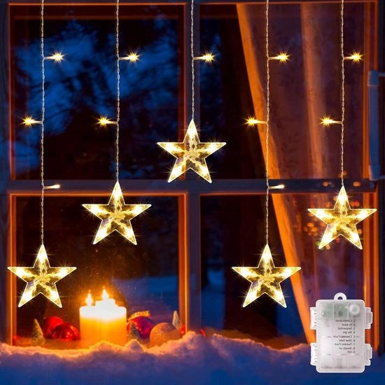Illuminazione di Natale Tenda di Luci a Stelle 8 Modalità Funzione Timer - Batterie IP44 Impermeabile - Finestre Interno Matrimonio Natale Balcone