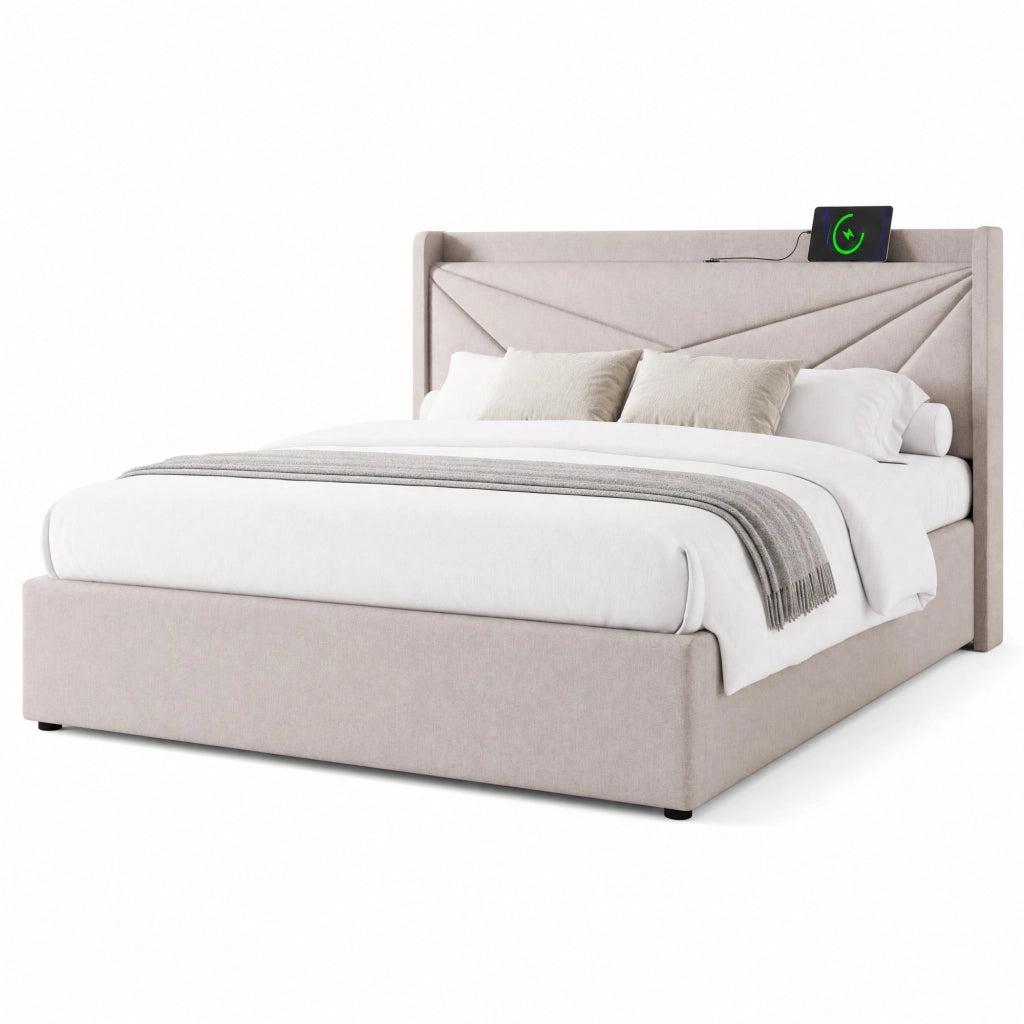 Letto matrimoniale 180x200 cm in lino beige con contenitore integrato
