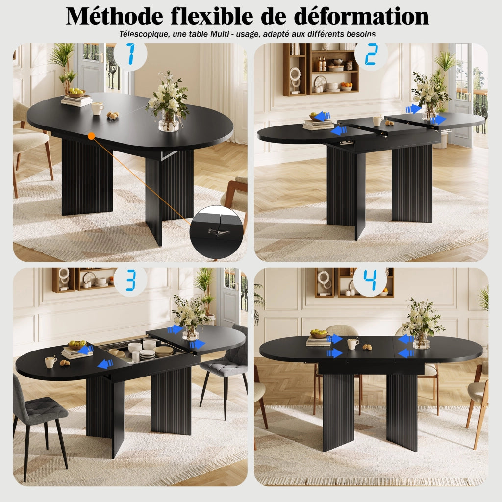 Tavolo allungabile con piano telescopico e gambe scanalate, per cucina e soggiorno, in MDF nero, 120-160 × 80 × 75 cm