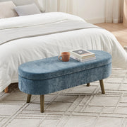 Panca contenitore in tessuto ciniglia blu con struttura in legno massello, 110x40x42 cm, 20L capacità, ideale per soggiorno e ingresso