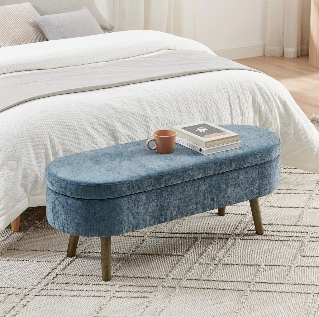 Panca contenitore in tessuto ciniglia blu con struttura in legno massello, 110x40x42 cm, 20L capacità, ideale per soggiorno e ingresso