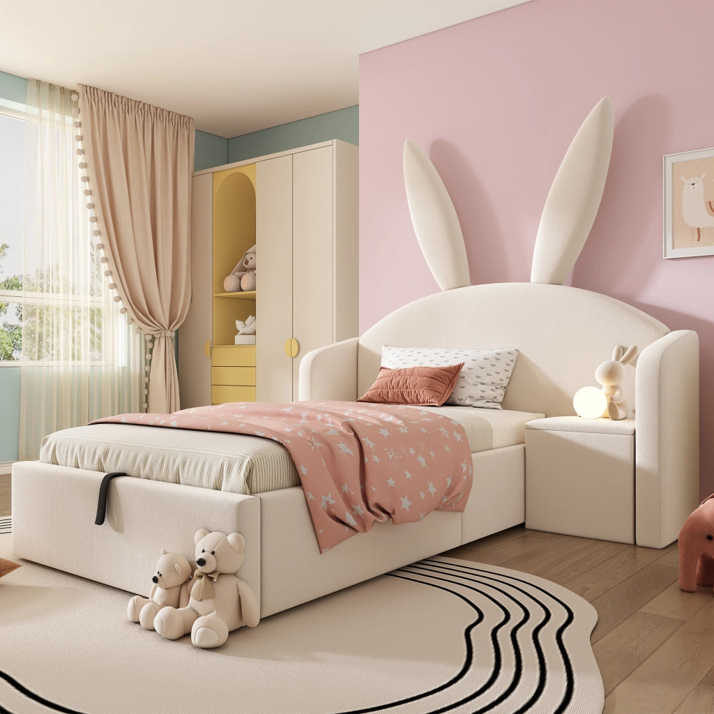 Letto imbottito per bambini 90 x 190 cm beige con testiera con orecchie di coniglio