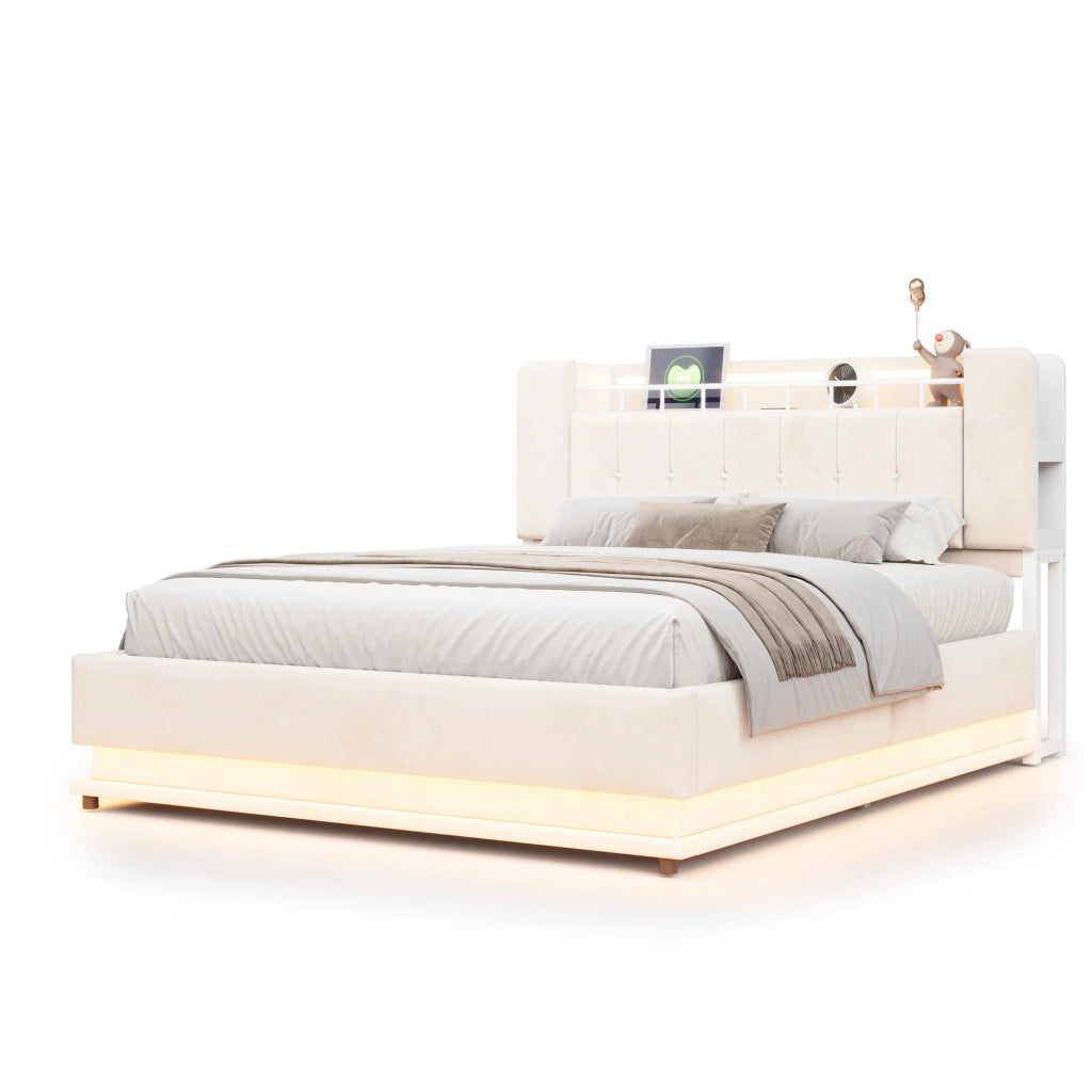 Letto imbottito 160 ¡Á 200 cm con LED USB contenitore idraulico in velluto beige rete a doghe in metallo