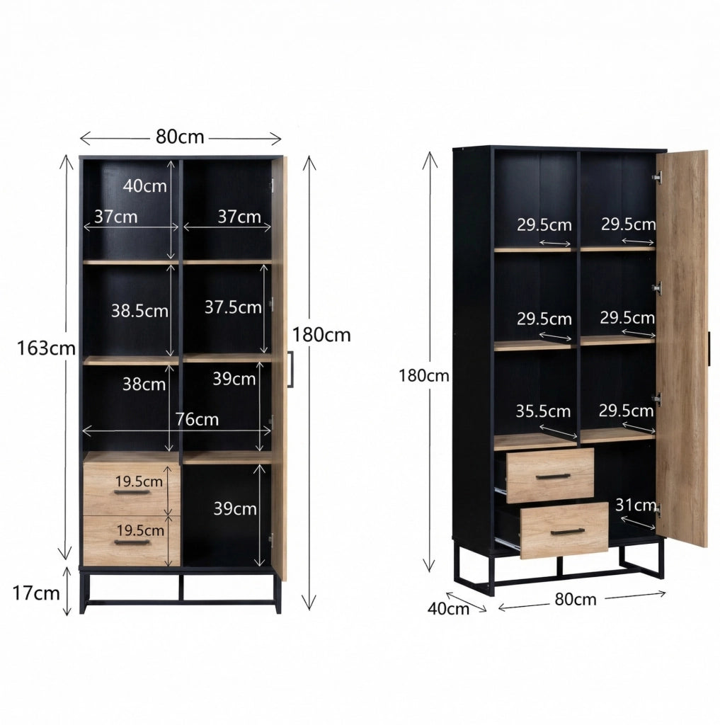 Mobile Highboard 80x40x180 cm in Legno Chiaro con Struttura Nera, 1 Porta, 2 Cassetti e 3 Ripiani Aperti