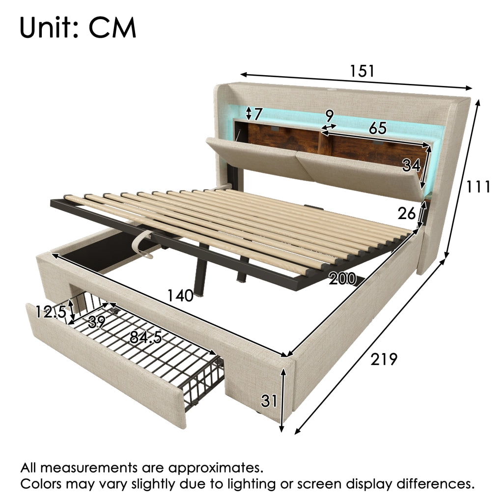 Letto contenitore 140 × 200 cm idraulico con testiera con vano; LED; USB e USB-C rete a doghe in lino beige