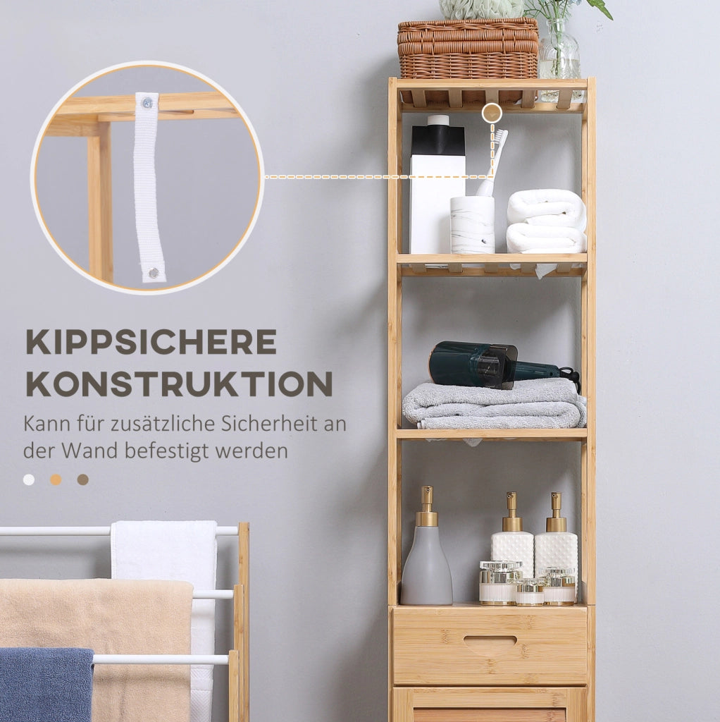 Colonna bagno in bambù con cassetto e anta a lamelle