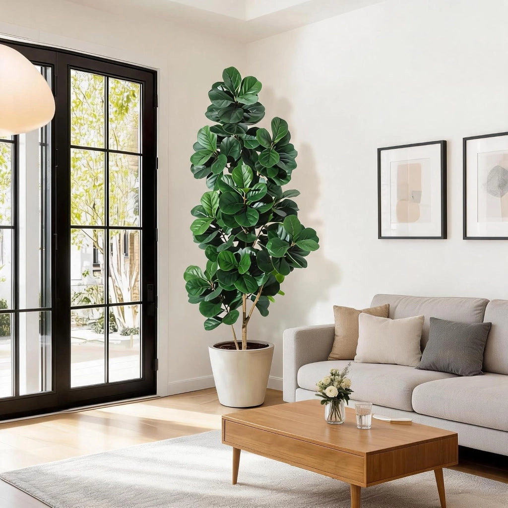 Ficus Lyrata Artificiale 210 cm Grande Pianta da Pavimento con Vaso e Ciottoli