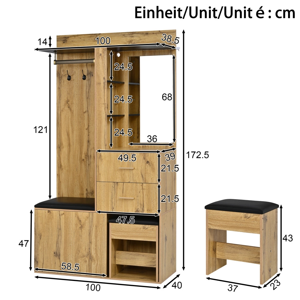 Mobile da ingresso con specchio, LED, 2 cassetti, seduta e scarpiera con ripiani regolabili, MDF naturale, 100 × 40 × 172.5 cm