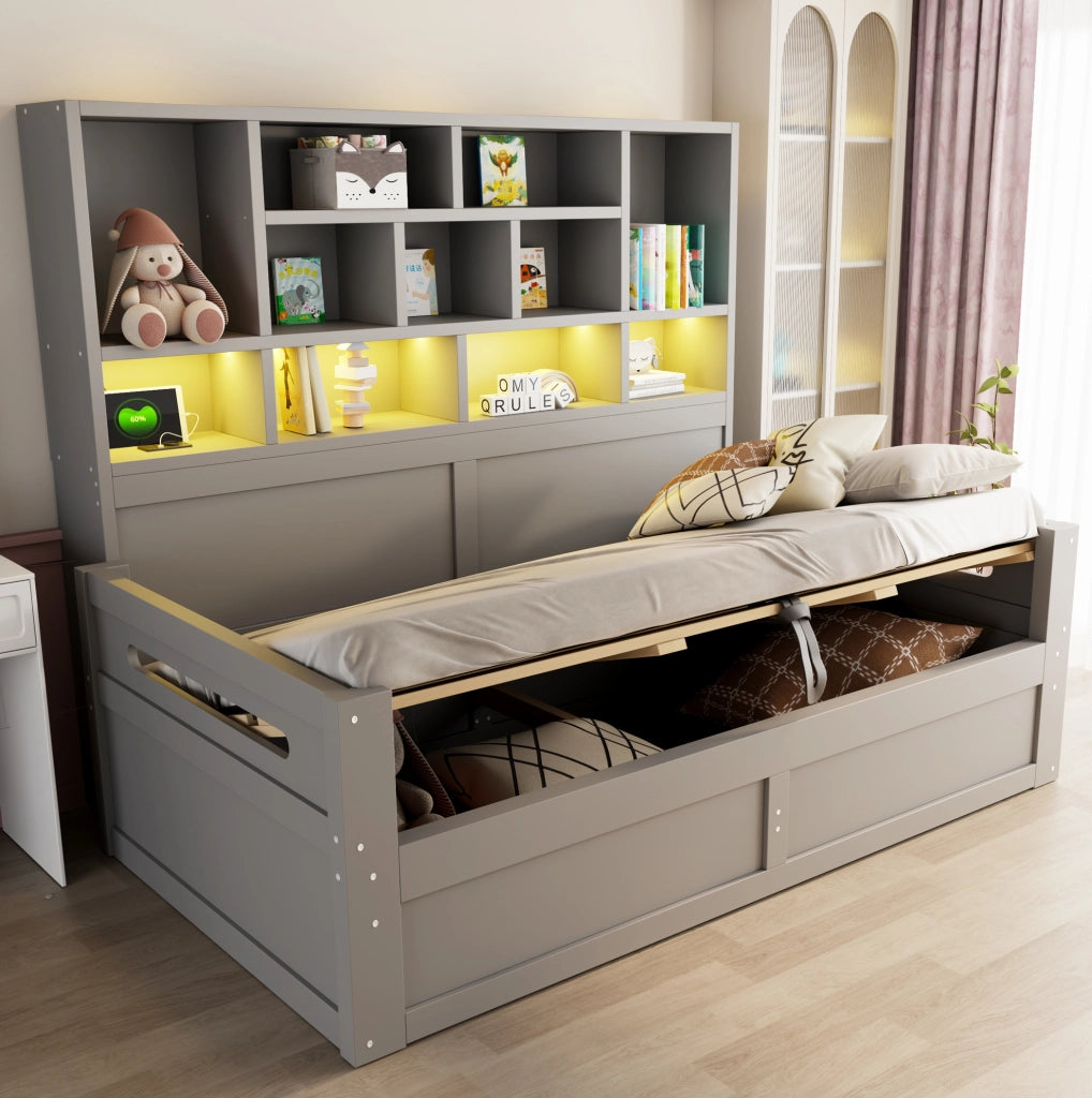 Letto singolo multifunzione 90x200 cm con contenitore idraulico, illuminazione LED e presa elettrica, grigio
