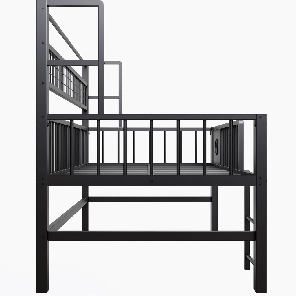 Letto per bambini 90x200 cm con struttura in metallo, soppalco basso con ripiani e appendiabiti, colore nero