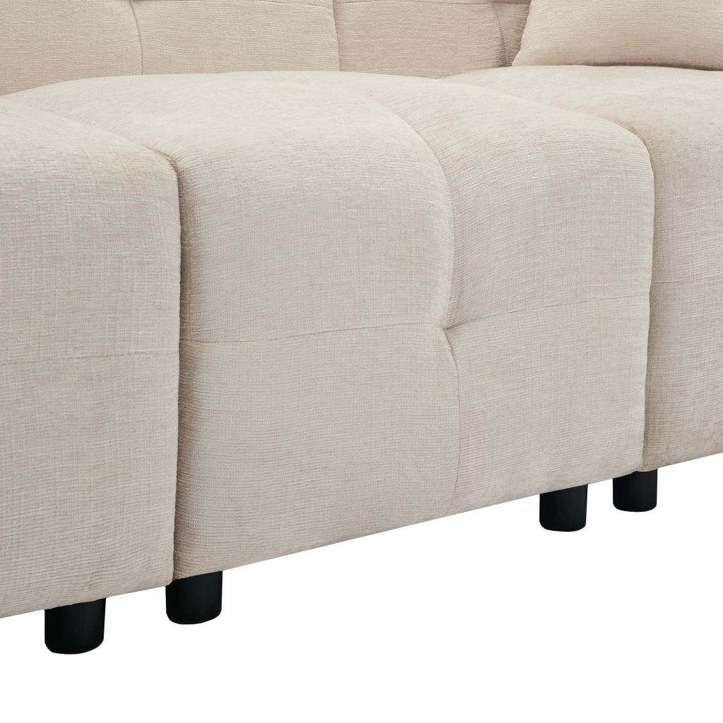 Divano angolare 3 posti in ciniglia beige con pouf contenitore e 2 cuscini