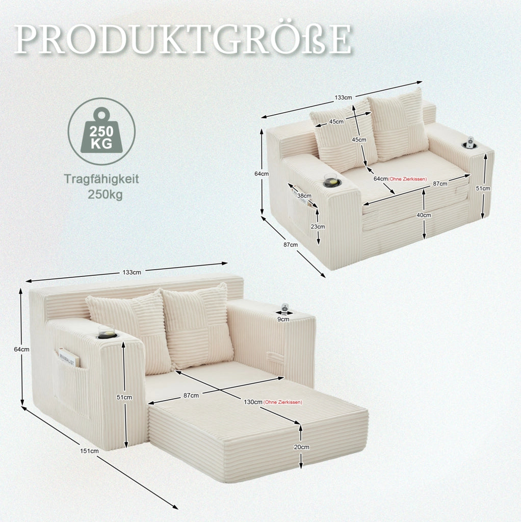 Divano pouf 2 posti 151x133x64 cm in velluto a coste con tasche laterali; beige