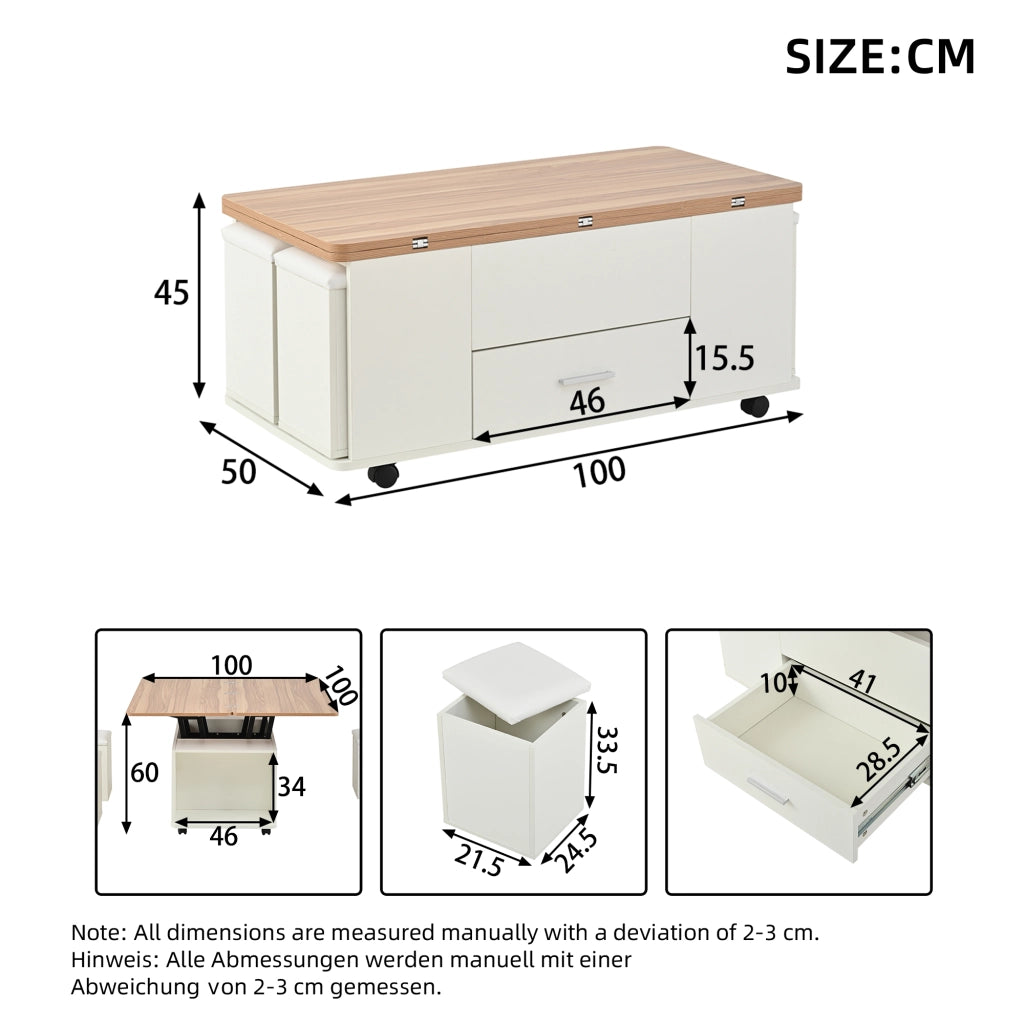 Tavolino basso sollevabile con 1 cassetto, 4 sgabelli contenitore, ruote e piano apribile per soggiorno, bianco