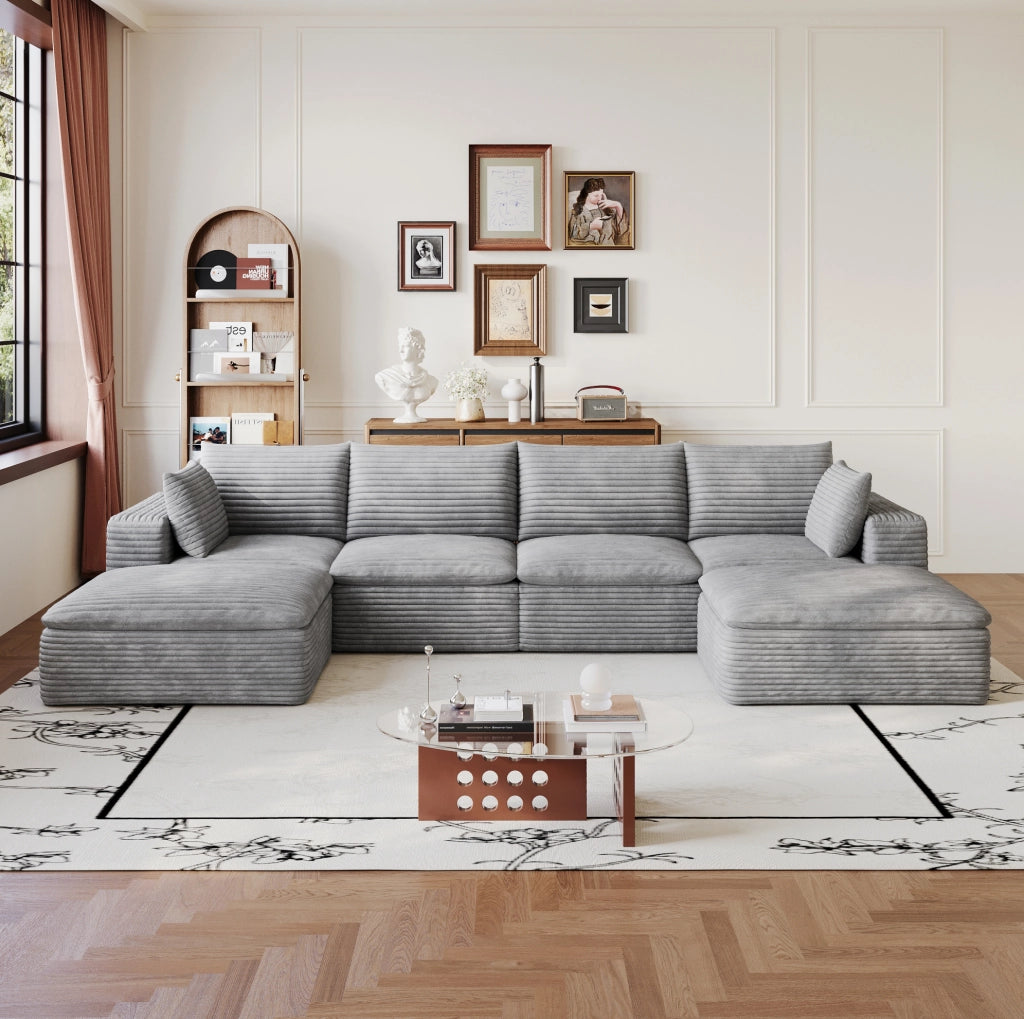 Divano modulare 340x160x82 cm in tessuto a coste grigio scuro con cuscini sfoderabili