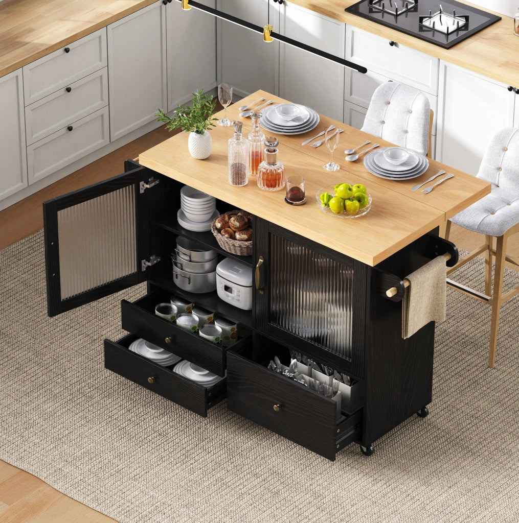 Isola cucina mobile estensibile nero e legno con ruote e porta-bicchieri