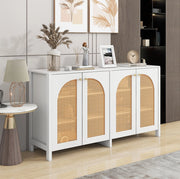 Sideboard moderno con 4 porte in rattan sintetico bianco, maniglie in metallo, per soggiorno, sala da pranzo o cucina