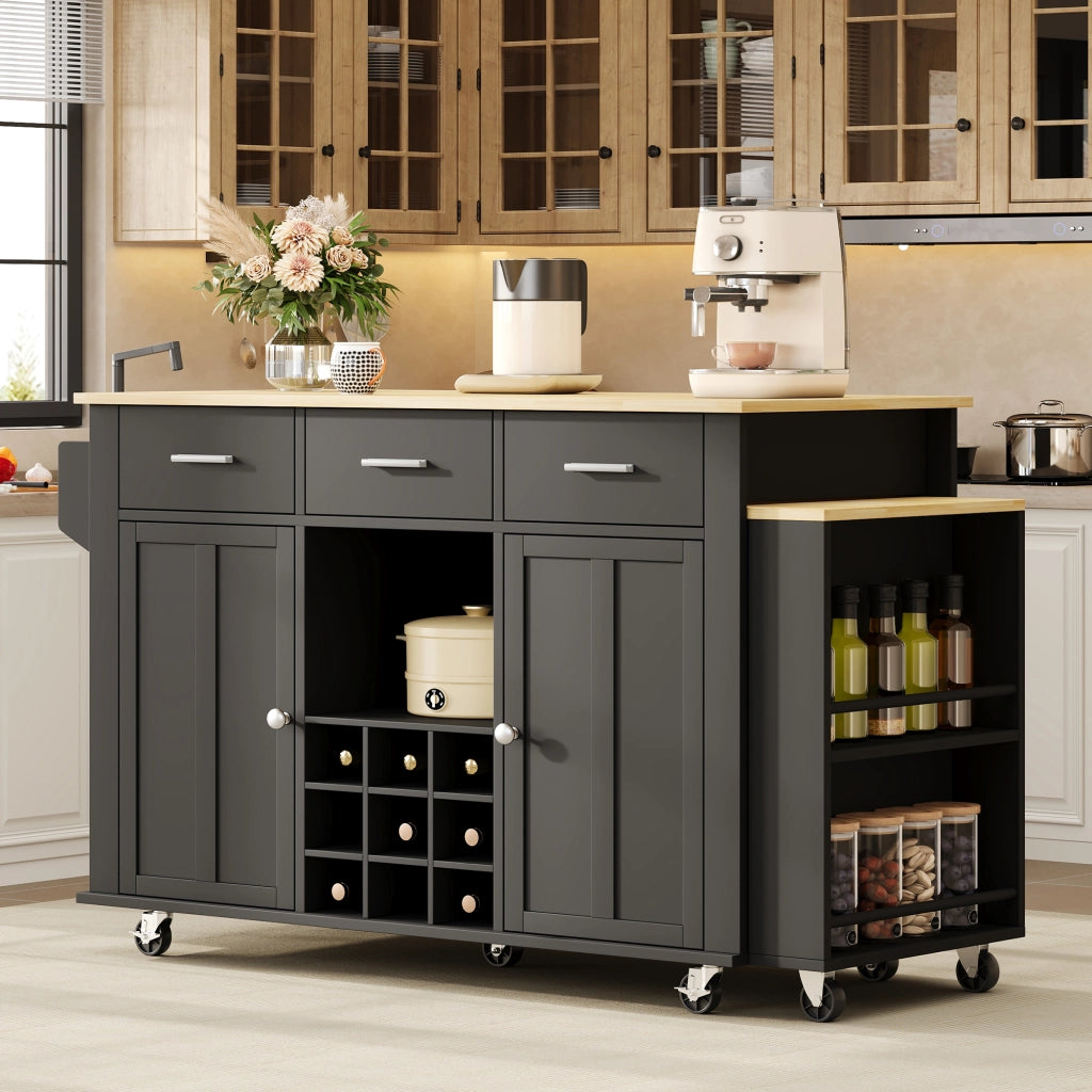 Isola da cucina mobile con piano estensibile 3 cassetti portabottiglie prese USB ruote nero naturale 136 × 50 × 93 cm