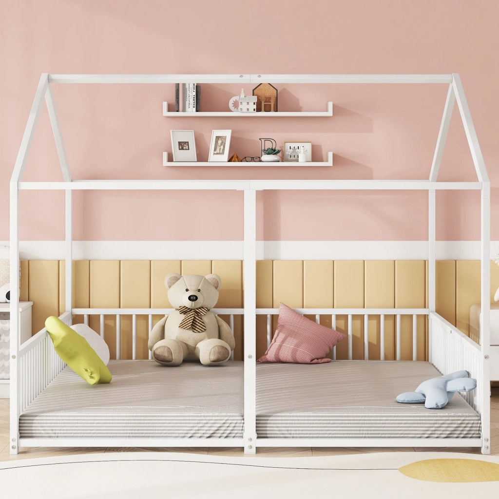 Letto a castello bambino 90×200 cm con scaletta e barriera; senza materasso; metallo; bianco