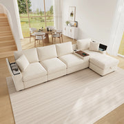 Divano modulare a L 313 x 147 x 82 cm con pouf e USB; ciniglia beige