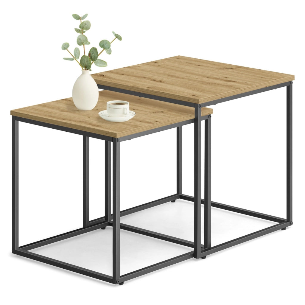 Set di 2 tavolini da salotto Nesting rovere e metallo nero