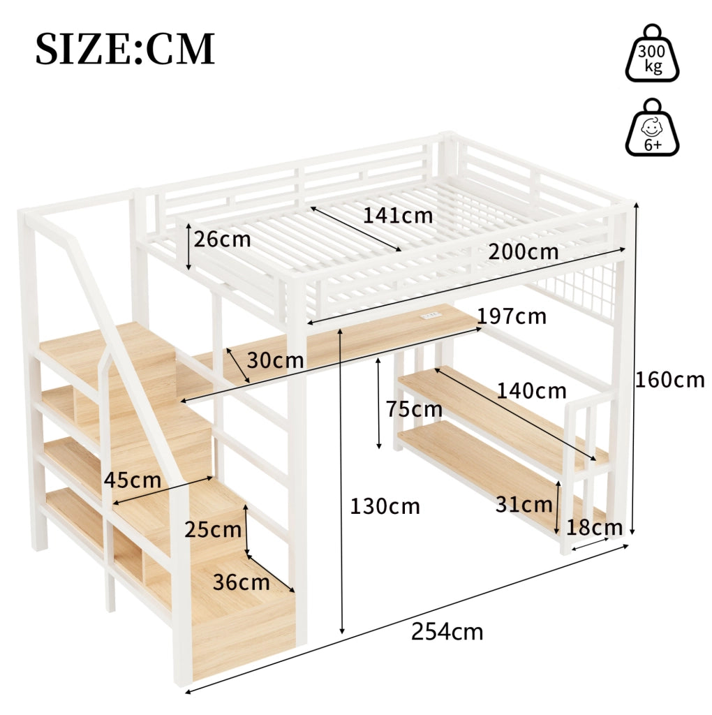 Letto a soppalco 140x200 cm bianco con scrivania, LED e ricarica USB