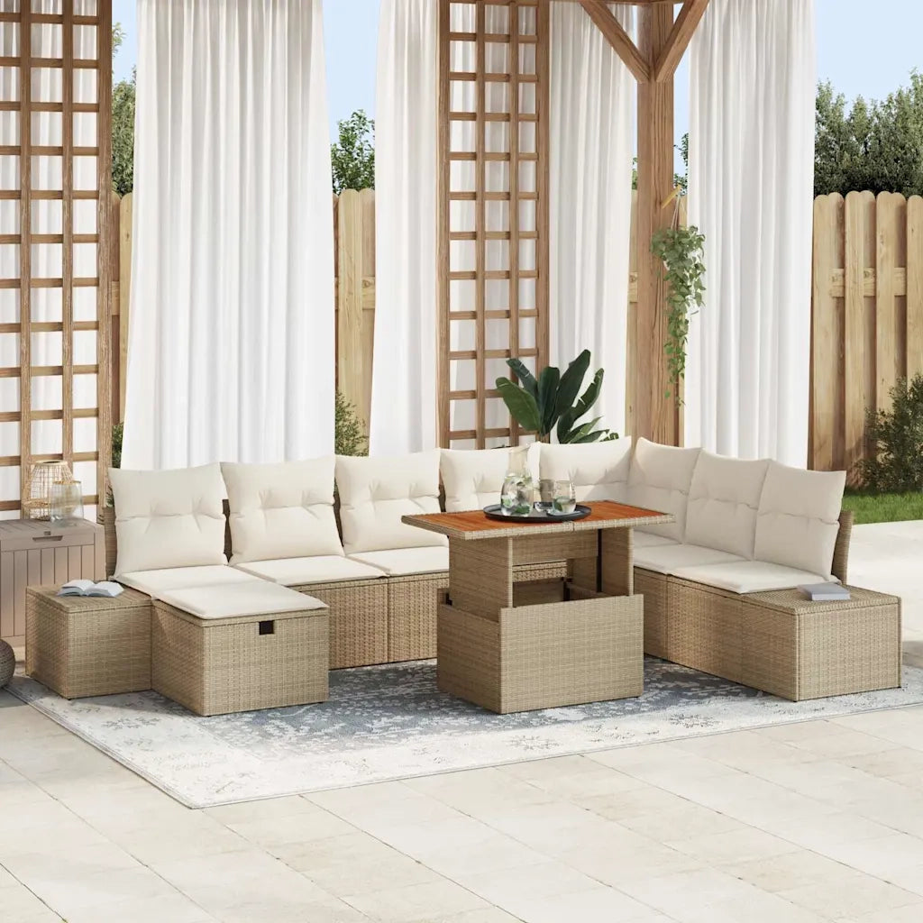 Set Divano da Giardino con cuscino 9 pcs Beige polyrattan