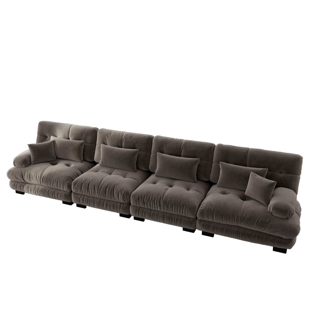 Divano angolare modulare 406x77x81 cm in ciniglia marrone, seduta profonda