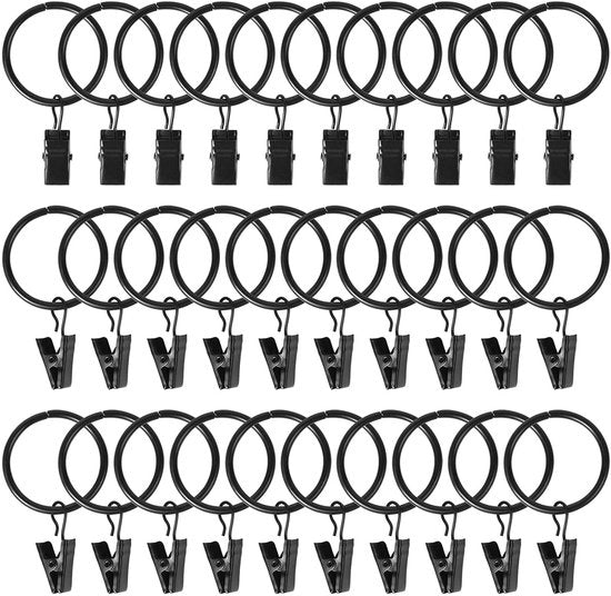 Anelli per tende con clip - 30 pezzi - Nero - Metallo