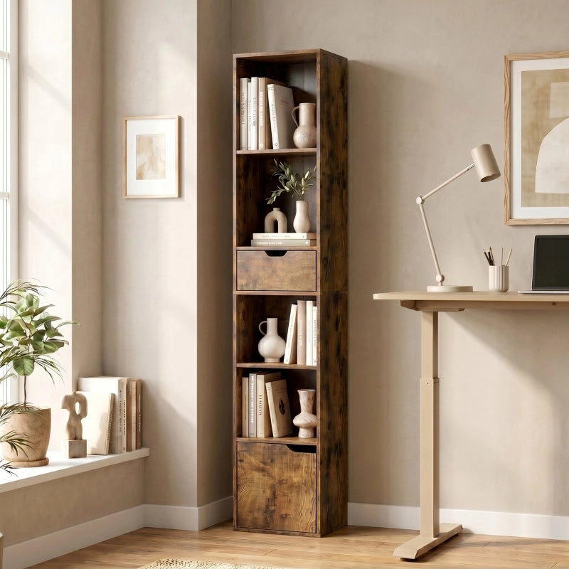 Libreria con 4 vani aperti cassetto e armadietto in legno marrone rustico