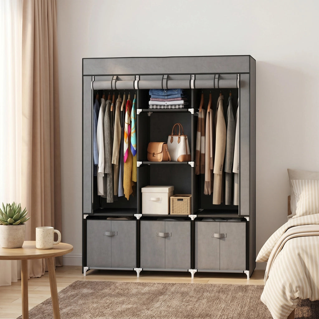 Armadio in Tessuto Pieghevole Grigio Scuro Guardaroba Salvaspazio con Cassetti e Zip 125x43x162.5cm