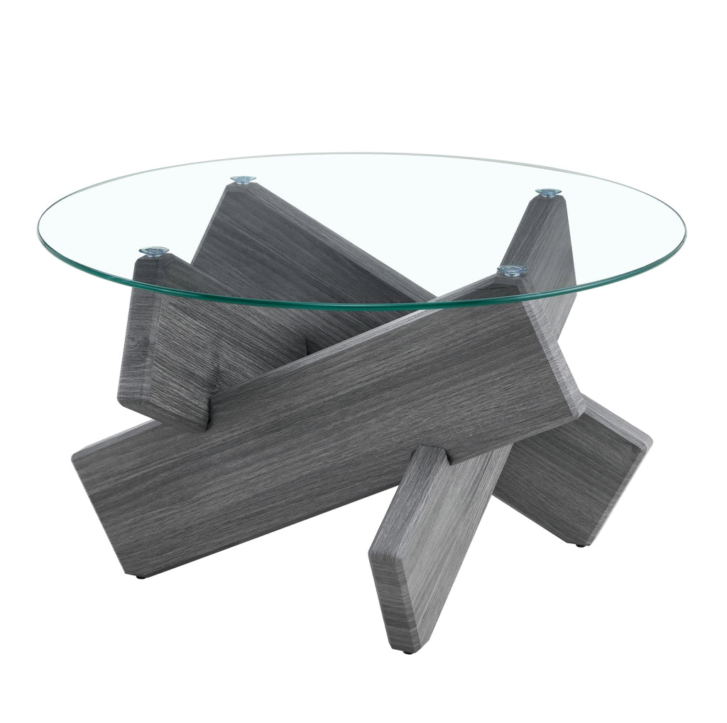 Tavolino rotondo in MDF e vetro temperato grigio, diametro 79 cm, gambe a croce