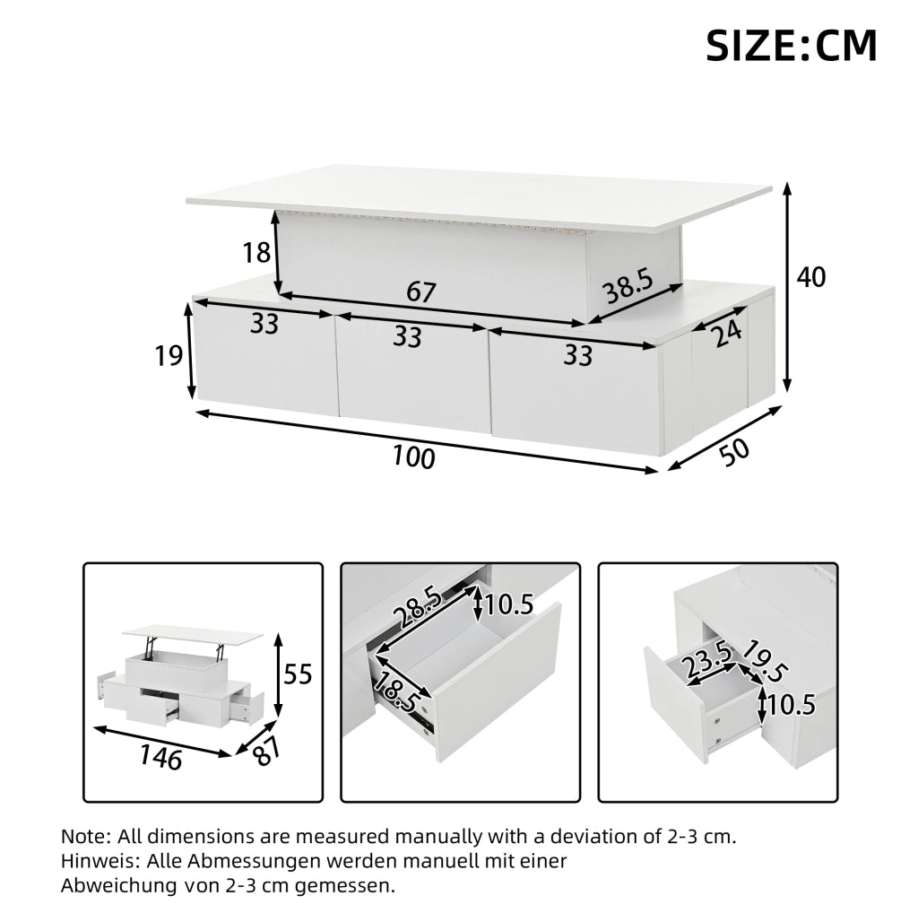 Tavolino da salotto elevabile 100x50x40 cm in MDF bianco lucido con LED e 4 cassetti