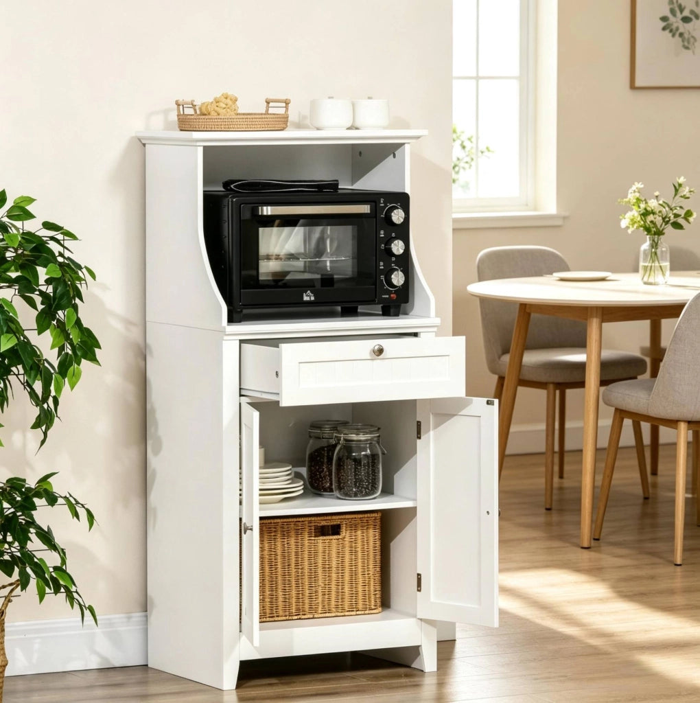 Mobiletto da cucina in MDF bianco con anta, cassetto e spazio per microonde 60x40x122,5 cm