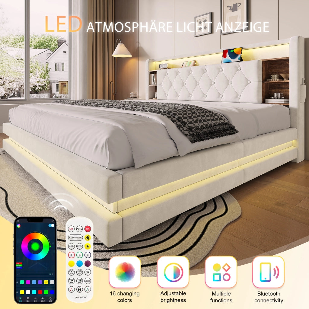 Letto matrimoniale 180x200 cm con contenitore idraulico; LED; 2 USB e Type-C; velluto beige