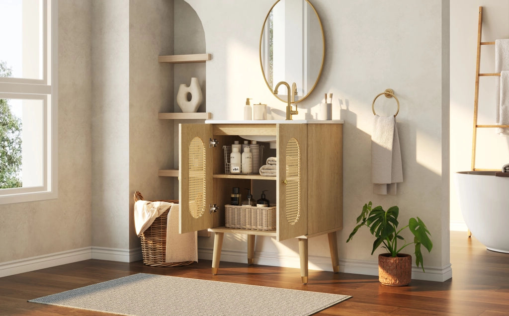 Mobile bagno 61cm con lavabo in ceramica, ante in rattan traspirante e struttura in MDF effetto legno naturale