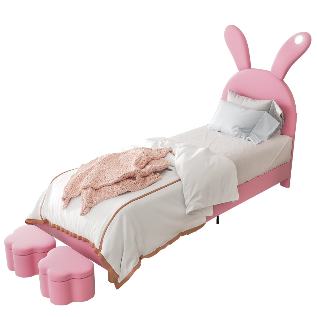Letto singolo rosa 90x200 in velluto francese con vani contenitore; LED e orecchie pieghevoli
