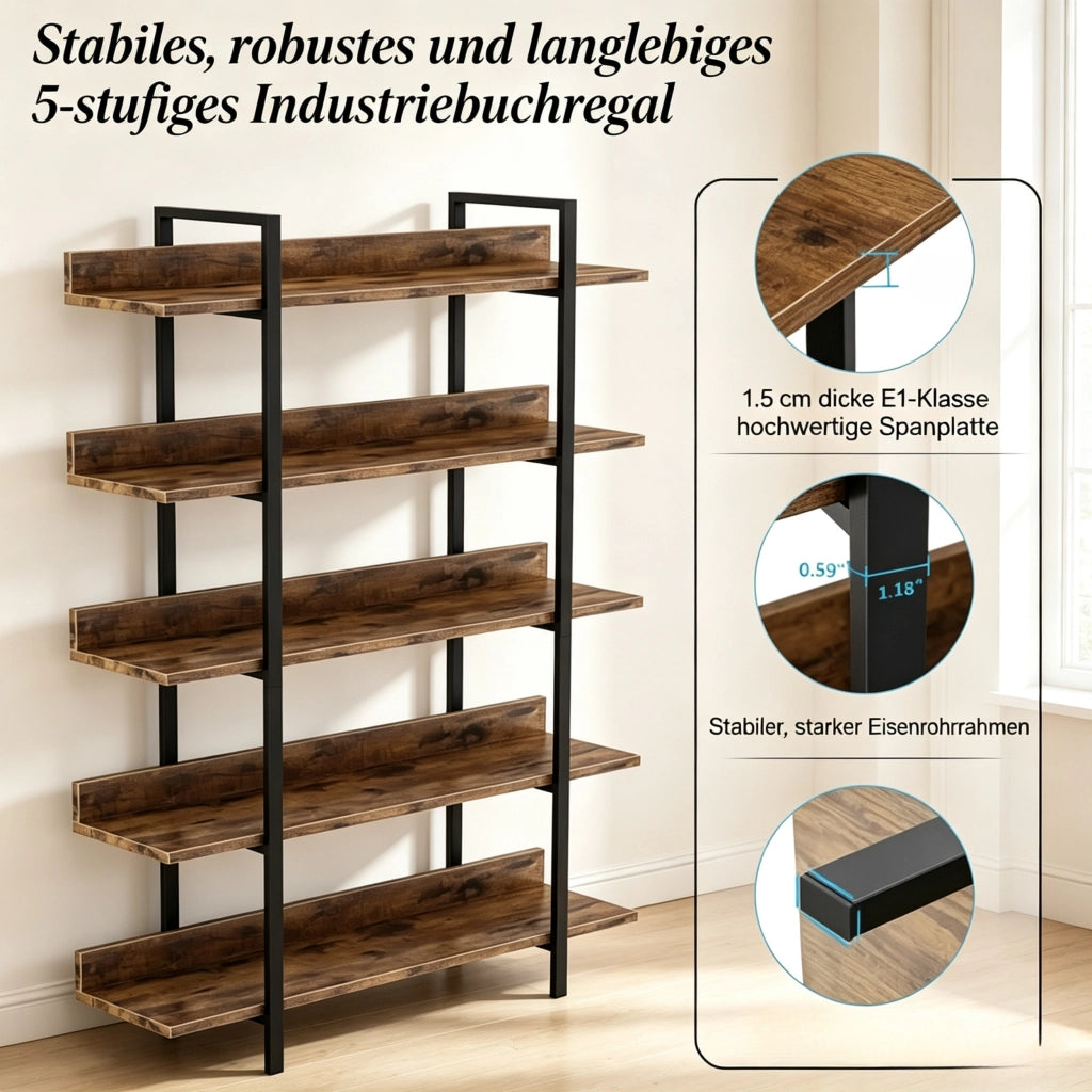 Libreria a 5 ripiani con struttura in metallo e pannelli in legno nero e marrone rustico 105 × 33 × 180 cm