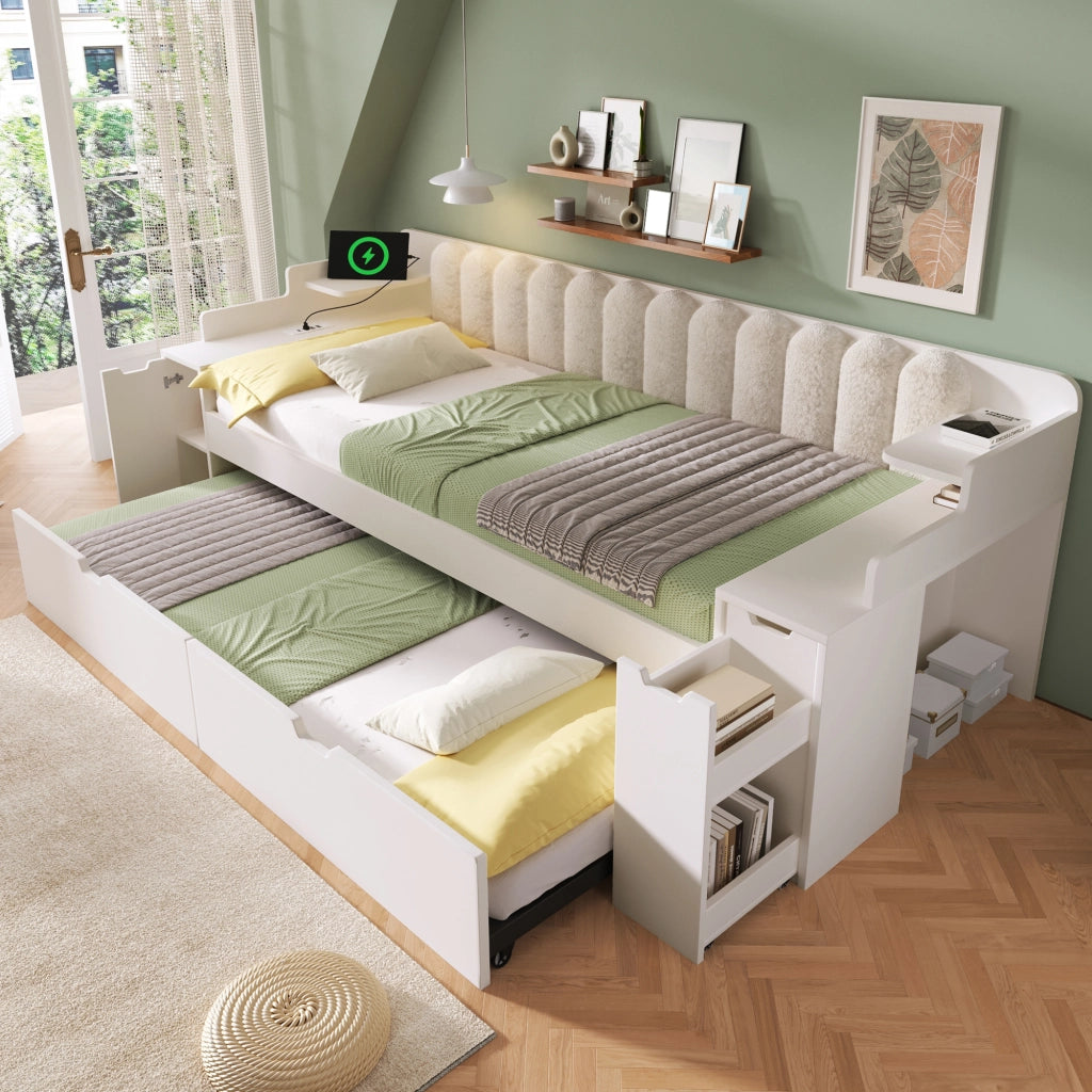Letto estraibile 90x200 cm; divano letto con secondo letto; rete a doghe metalliche; stazione di ricarica; contenitore; sherpa; bianco