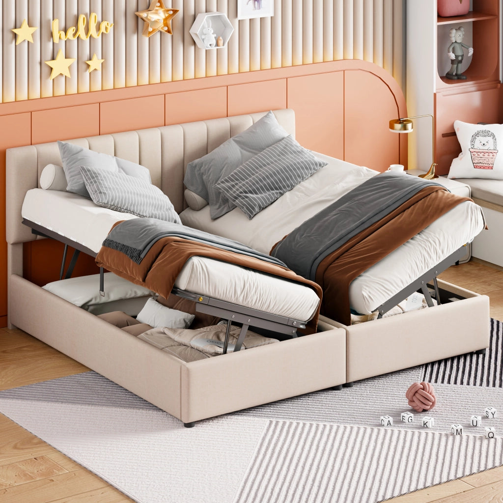 Letto Matrimoniale 180x200 Beige con Contenitore Idraulico e Testiera Regolabile