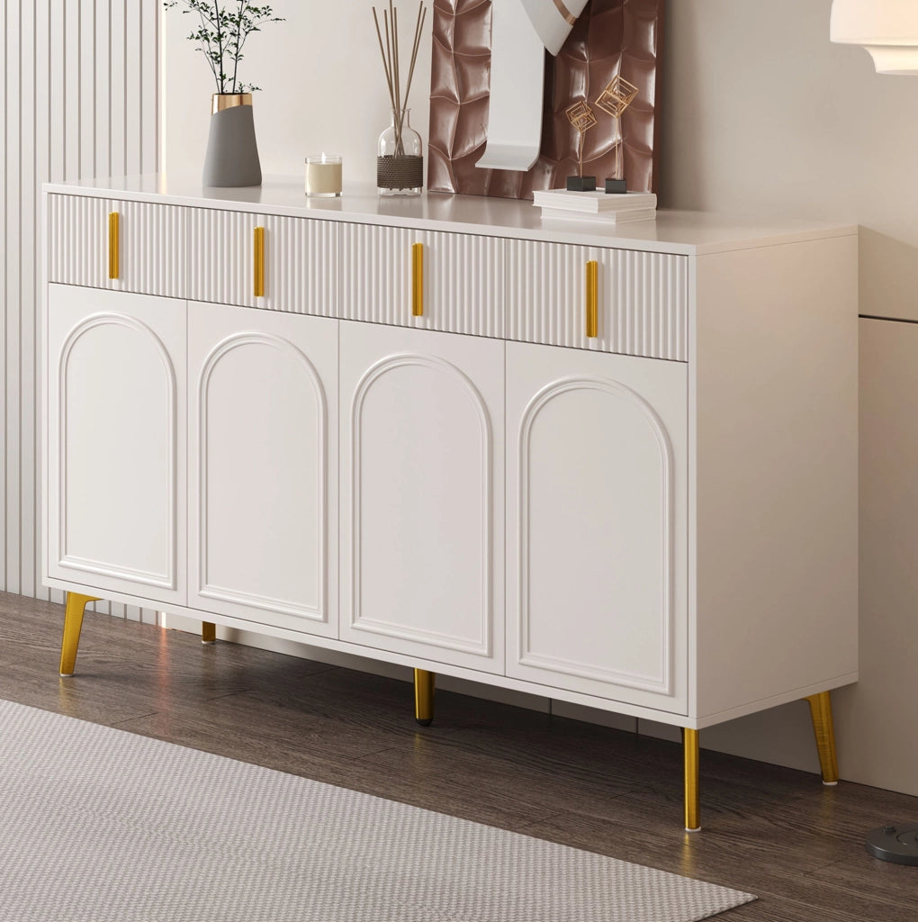 Credenza 140 cm con 4 ante; 4 cassetti e ripiani regolabili; MDF bianco con dettagli dorati