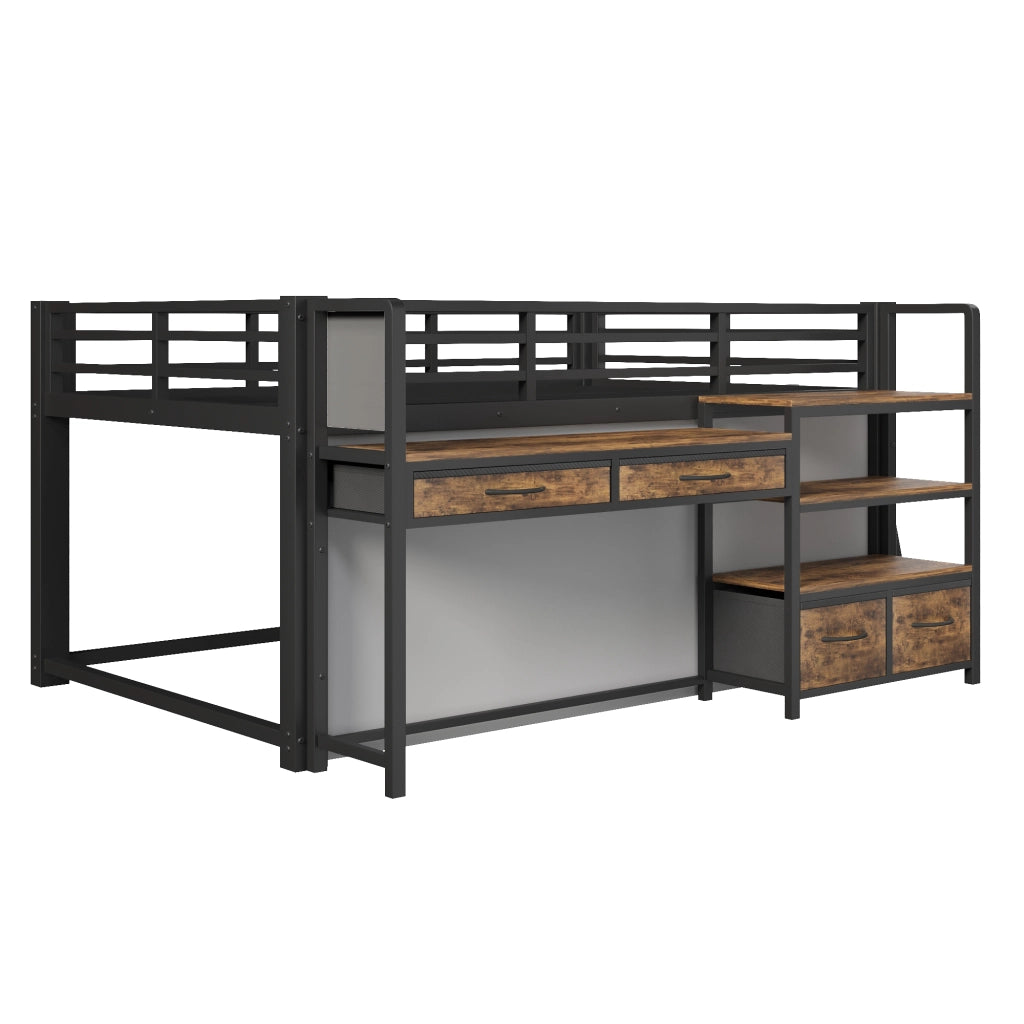 Letto a soppalco 140x200 con scrivania; scaffali; cassetti in tessuto e LED; struttura in metallo nero per cameretta