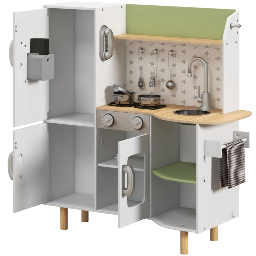 EasyComfort Cucina Giocattolo per Bambini 3-6 Anni con Macchina del Ghiaccio e Utensili, 84x34x89 cm, Bianco e Verde