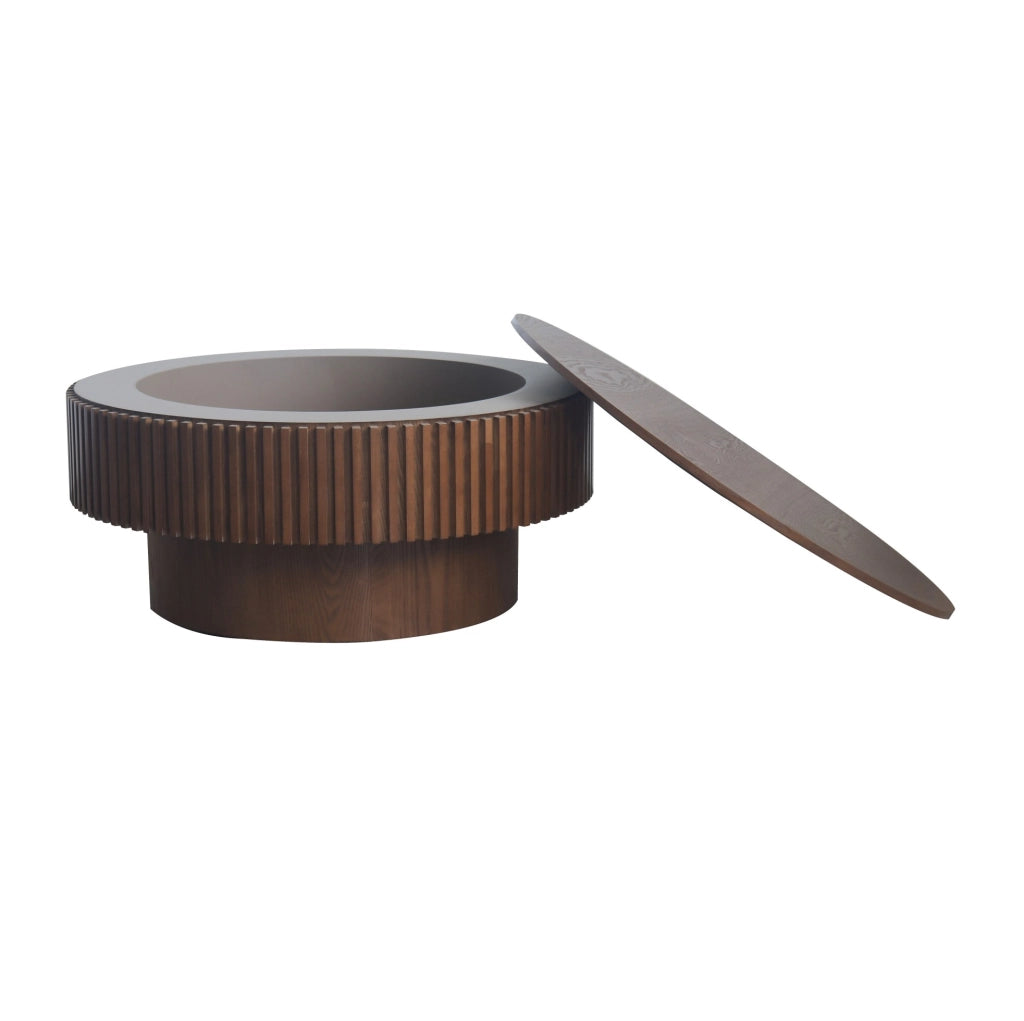 Tavolino da caffè con vano contenitore in legno e MDF noce