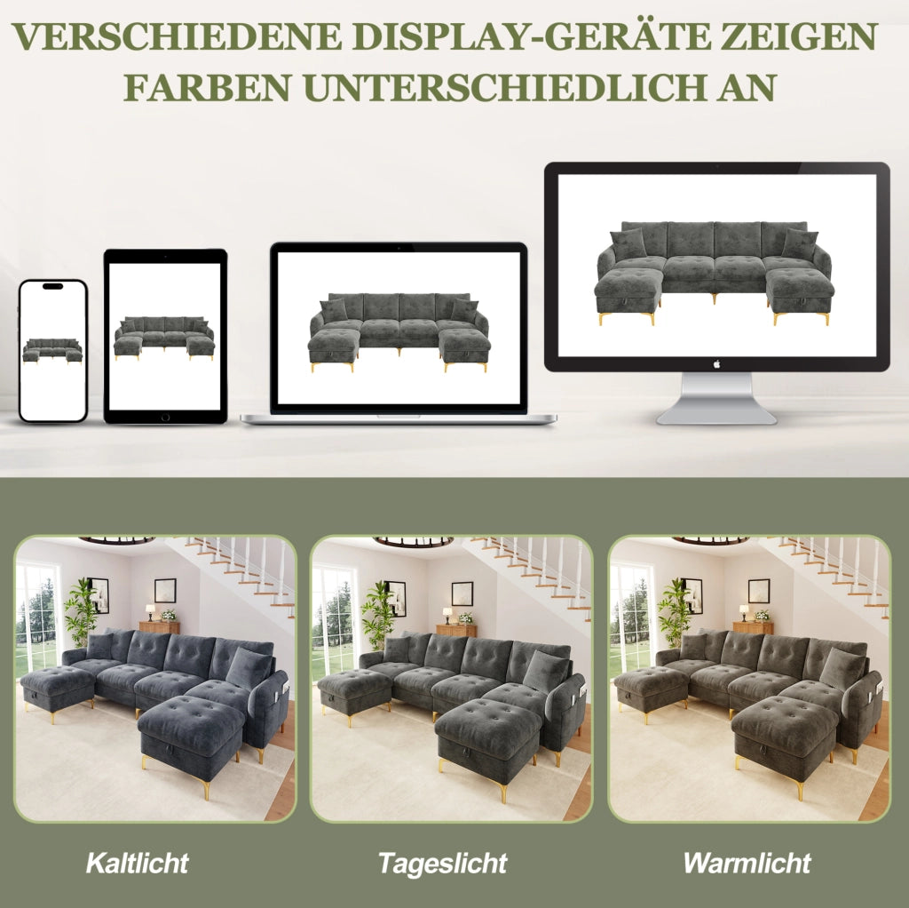 Divano modulare a U 4 posti con 2 pouf contenitori e 2 cuscini decorativi, dimensioni totali 263×137×85 cm, grigio