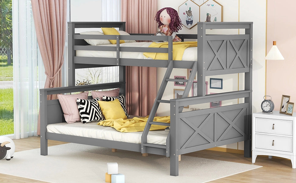 Letto a castello convertibile in due letti in legno di pino e MDF grigio con scala inclinata e sponde