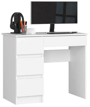 Scrivania per computer AKORD A7 Bianco 90 cm 4 cassetti 90x50x77 cm Modello a sinistra