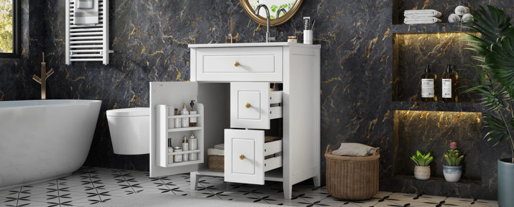 Mobile bagno 61 cm bianco lucido con lavabo in ceramica, maniglie dorate, cassetti e ripiani integrati