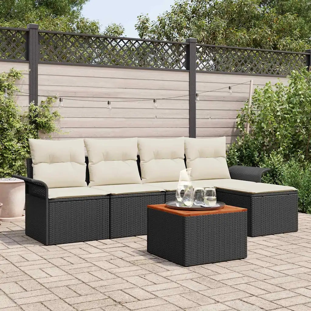 Set Divano da Giardino con cuscino 6 pz | Set Salotto da Giardino Nero polyrattan