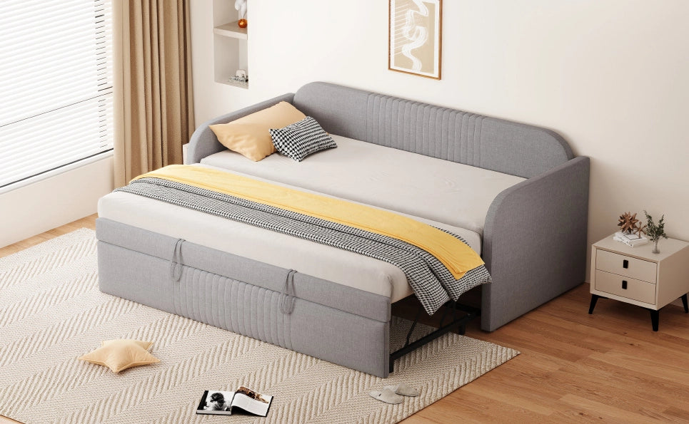 Divano Letto Estraibile in Lino Traspirante 90x190 cm con Rete a Doghe, Colore Grigio Chiaro