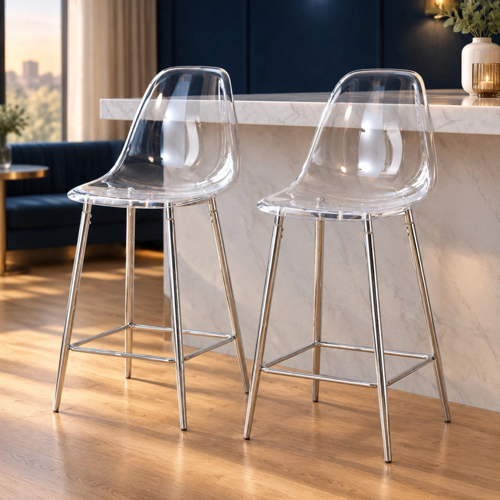 Set 2 sgabelli da bar trasparenti con struttura in metallo argento HOMVRA